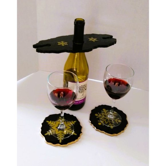 Geode Shaped Wine Glass Holder and 2 Coasters Black with Gold Snowflakes - Picture 4 of 6
